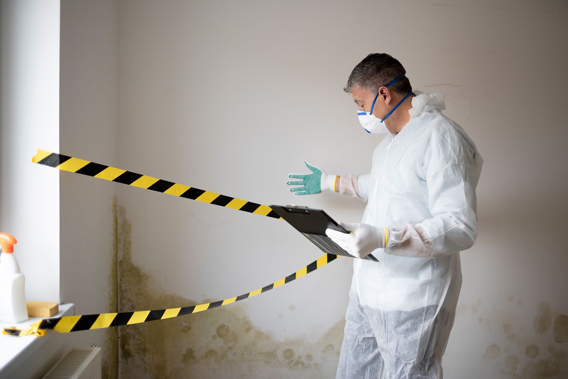 Inspector checking a wall for mold signs.