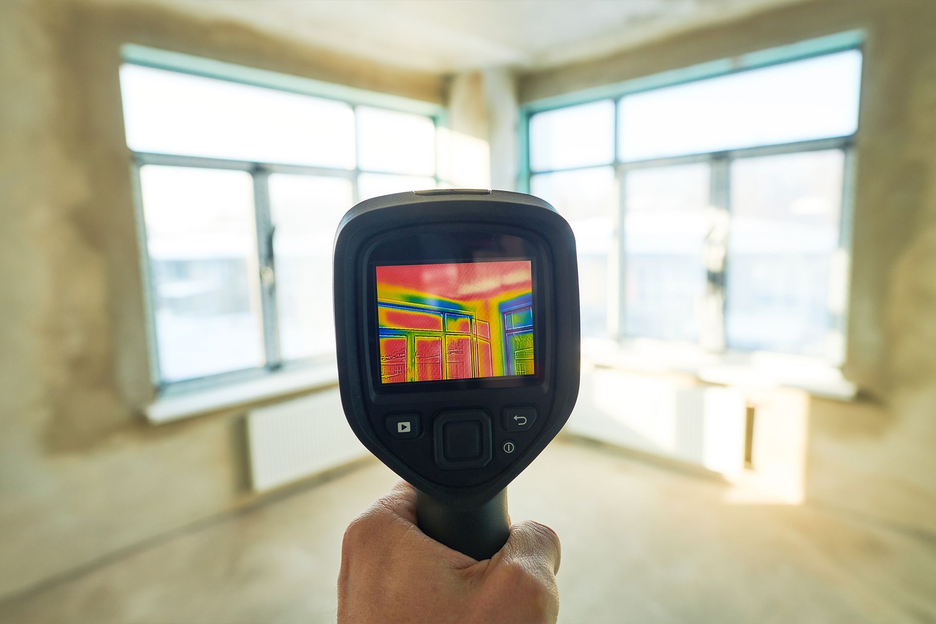 Handheld thermal camera aimed at a room with bright windows, showing colorful heat map on its screen