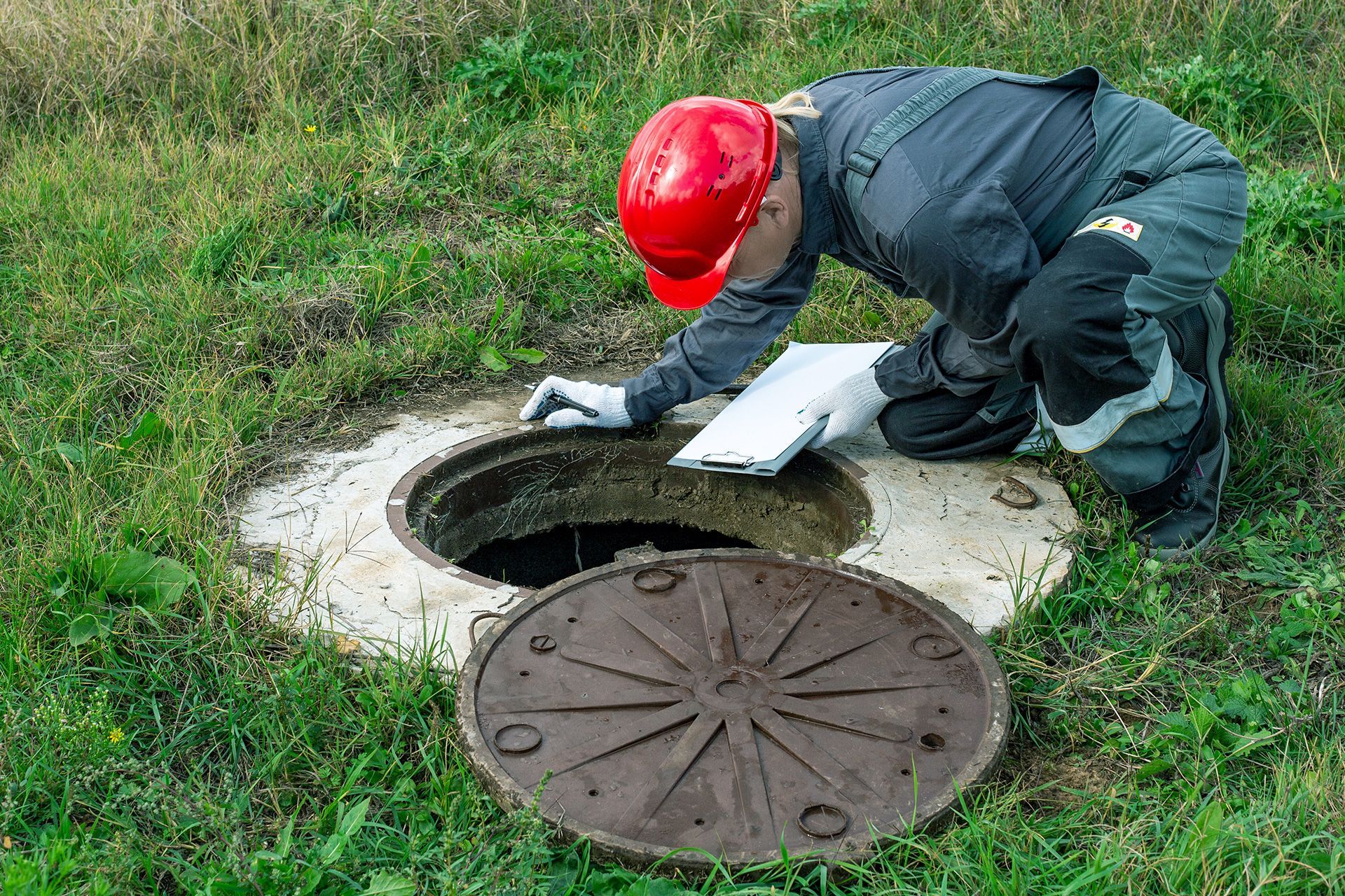 Home inspector using a sewer camera to inspect an underground sewer line in Michigan