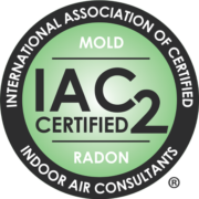 IAC2 certified logo for indoor air consultants, black and green circular seal with mold and radon text
