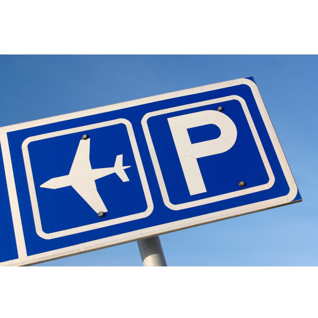 Blue airport parking sign with airplane symbol and 
