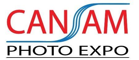The logo for the can am photo expo is red and blue.