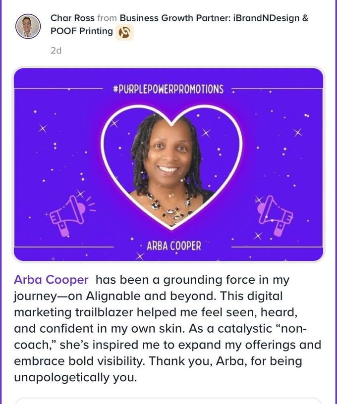 Profile card for Arba Cooper with purple background, portrait, and thank-you text from Char Ross