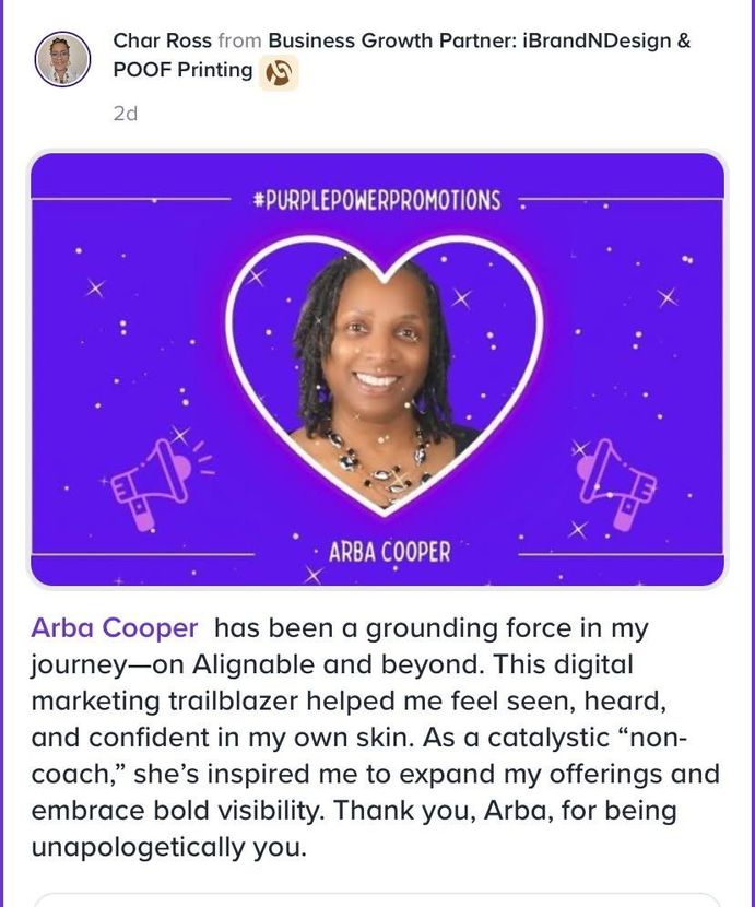 Profile card for Arba Cooper with purple background, portrait, and thank-you text from Char Ross