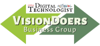 Logo for Vision Doers Business Group, green arrow graphic, with white text, and 