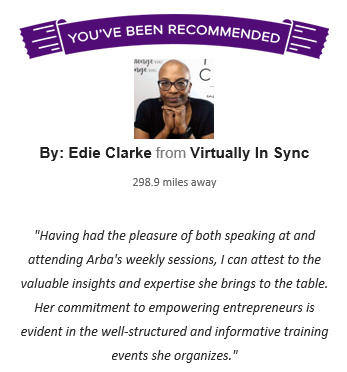 A recommendation card featuring a professional headshot of Edie Clarke, with text praising Arba’s training events.