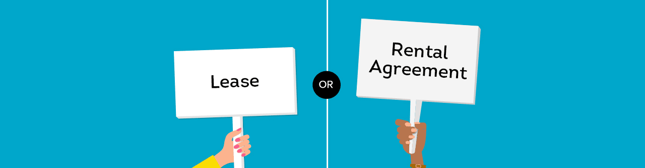 Two people are holding signs that say lease or rental agreement.