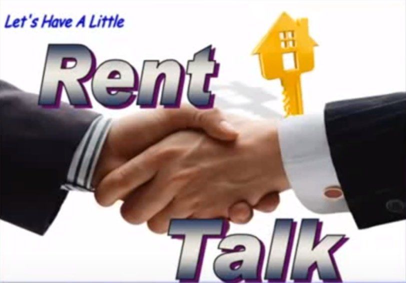 Two men shaking hands in front of a sign that says rent talk