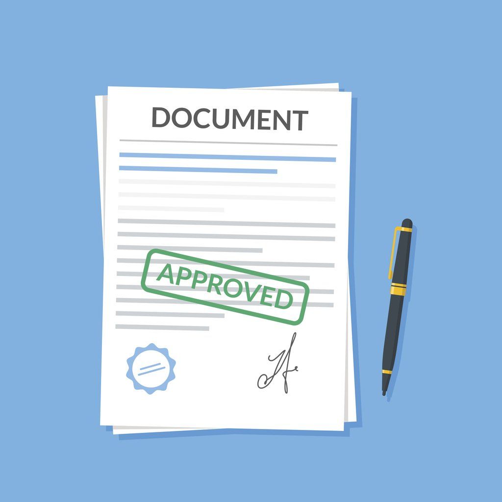 A stack of documents with an approved stamp and a pen on a blue background.