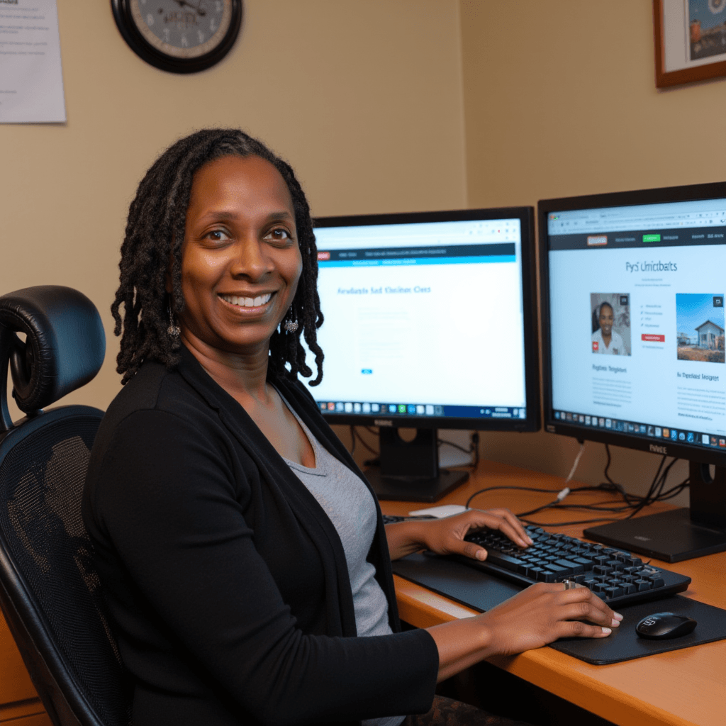 Woman at a desk, smiling, working on two computer monitors. One monitor shows a website.