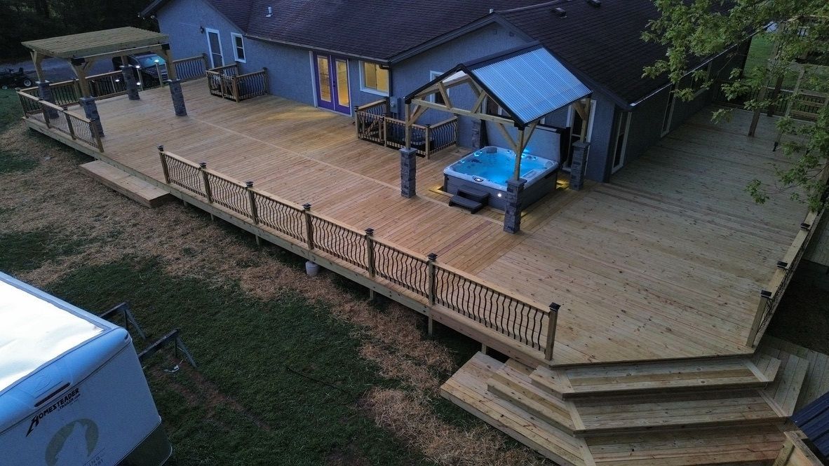 Top: Screened porch with wood deck, ceiling fan, and view of trees. Bottom: Screened porch with concrete floor and views.