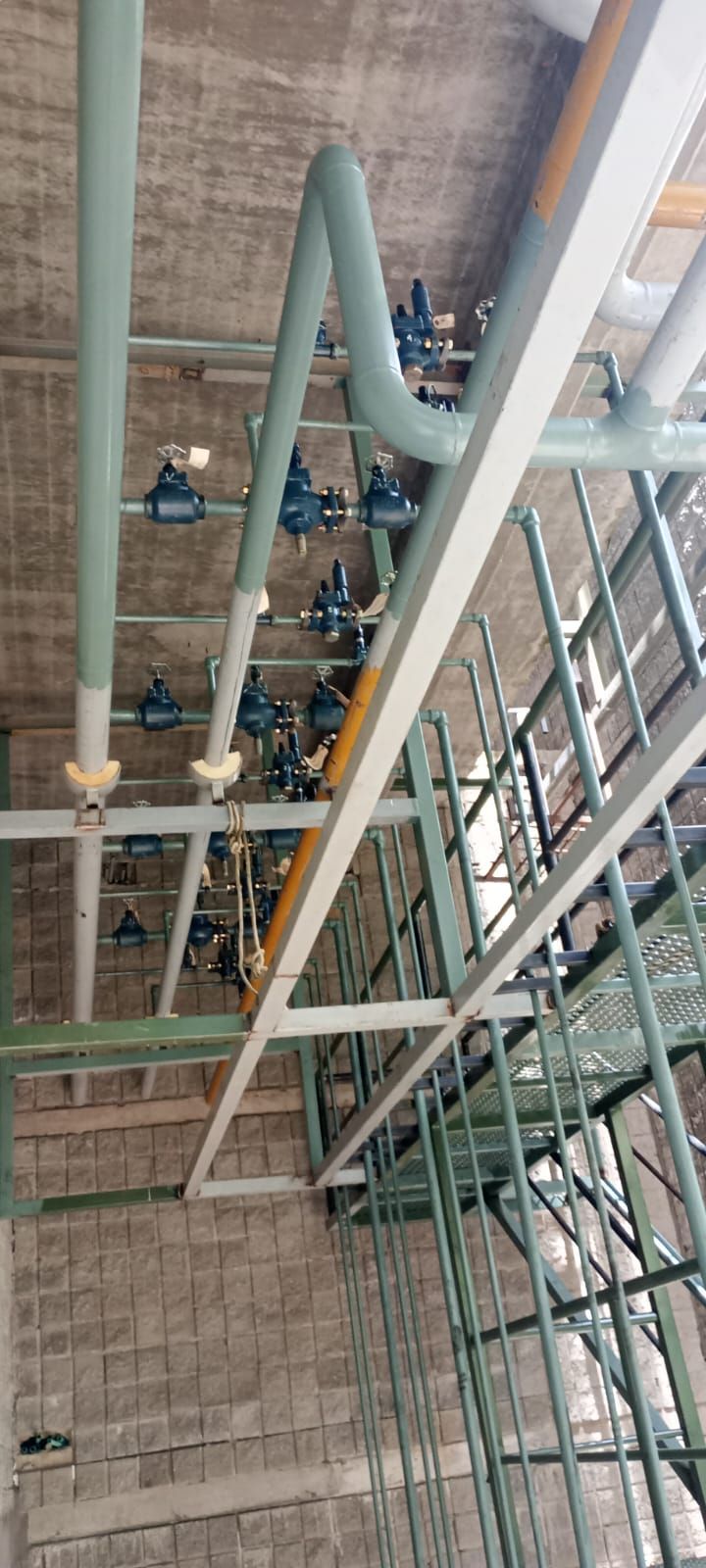 Vista aérea de una escalera interior moderna con barandillas de color verde azulado y grandes ventanales.