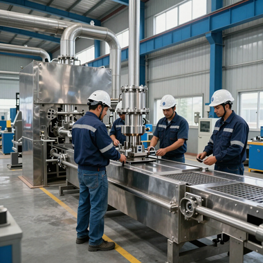 Trabajadores inspeccionando maquinaria de acero inoxidable en el interior limpio de una fábrica industrial.