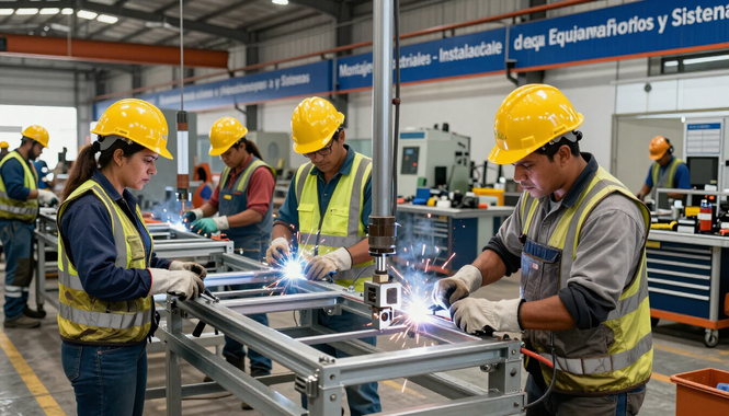 Trabajadores con cascos amarillos soldando estructuras metálicas en un taller industrial.