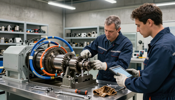 Ingenieros inspeccionando un gran motor eléctrico en un taller, con herramientas y piezas sobre un banco de trabajo.