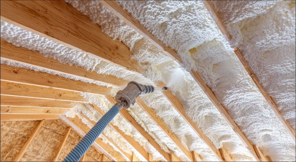 A spray nozzle applies thick white insulation foam between wooden rafters in an unfinished attic ceiling.