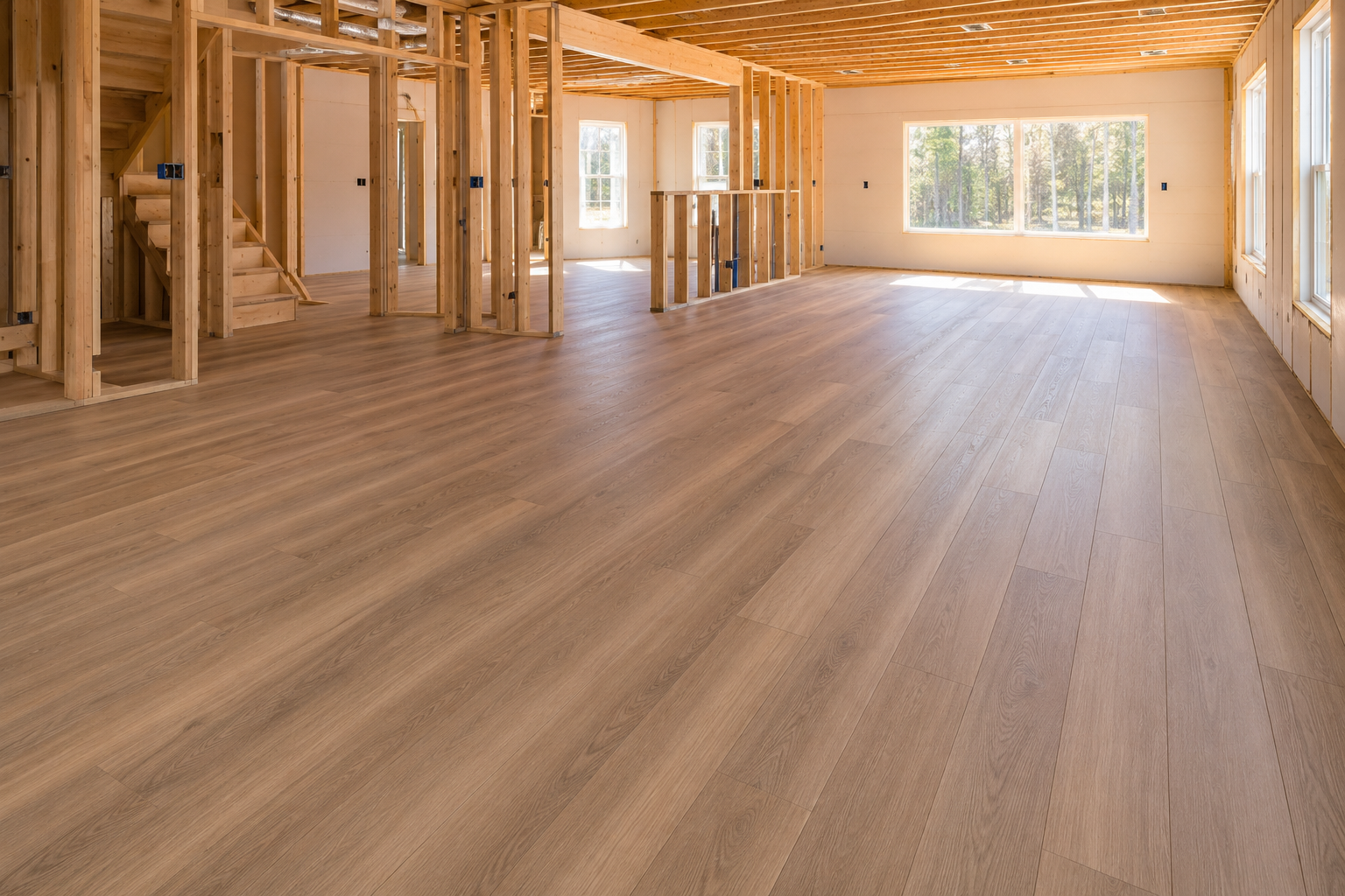 Spacious unfinished house interior with exposed framing, wood floors, and large windows.