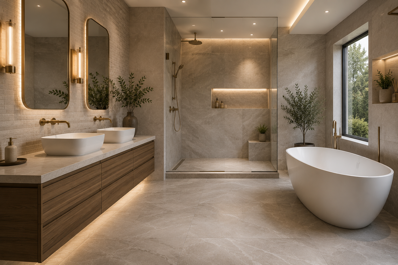 Modern beige luxury bathroom with double vanity, walk-in shower, and freestanding bathtub by a window