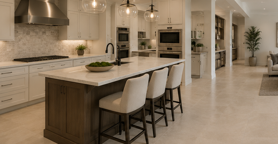 Modern open-plan kitchen with large island, white chairs, pendant lights, and built-in appliances