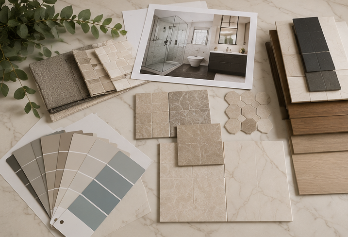 Interior design mood board with fabric swatches, wood samples, and paint color palettes on a tabletop