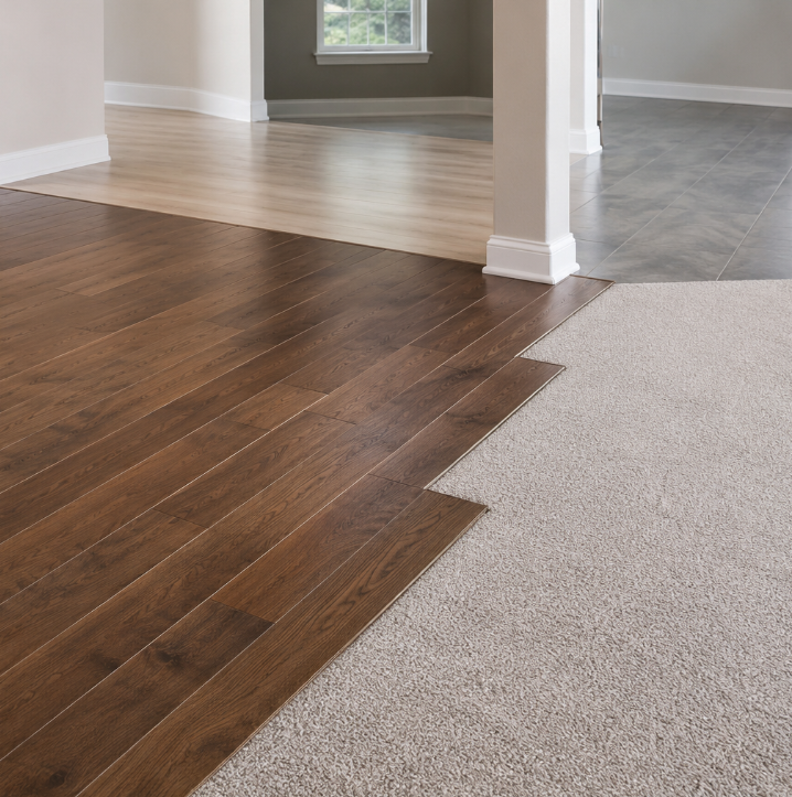 Carpet, dark wood, and light wood flooring meet in an empty room with a white column.
