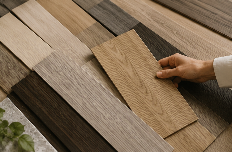 Hand placing a wood flooring sample on a display of assorted laminate planks