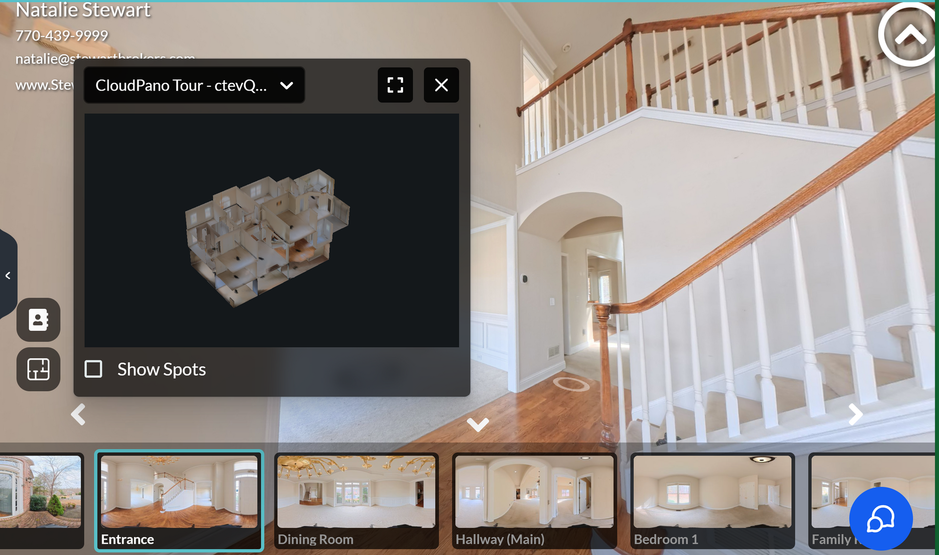 Interior view with a 3D model overlay. A stairway and multiple room previews are visible.