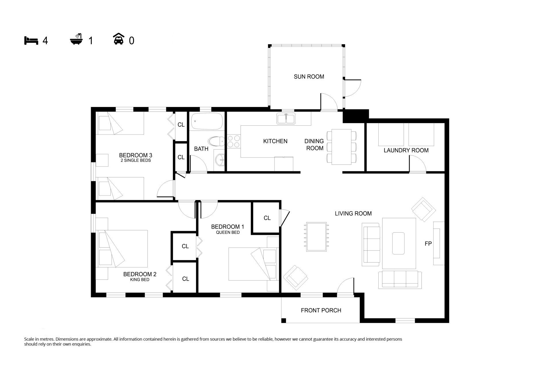 Floor plan of a house with four rooms, including a master bedroom, living room, and two bathrooms.