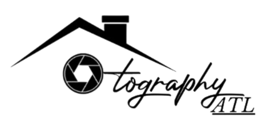 Logo for "Photography ATL" featuring a house silhouette, camera aperture, and cursive text.