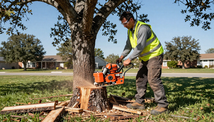 Worker grinds a cut tree stump with powered equipment during Tree Service in Riverton, UT to clear space for landscaping
