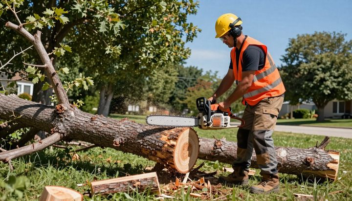 Worker cuts a fallen tree trunk with chainsaw during Tree Service in Riverton, UT for safe removal and property cleanup.
