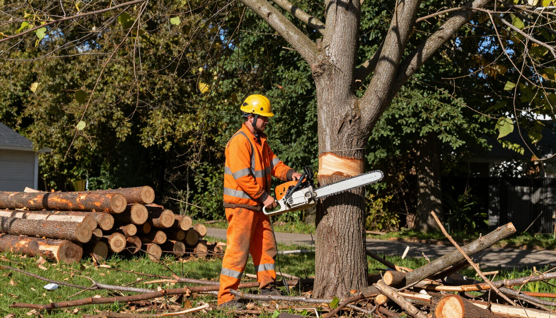 Worker cuts tree trunk with a chainsaw during Tree Service in Riverton, UT for controlled removal and yard cleanup work.