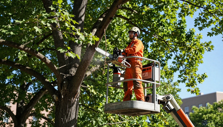 Worker trims leafy branches from a lift during Tree Service in Riverton, UT to improve canopy clearance and tree health.