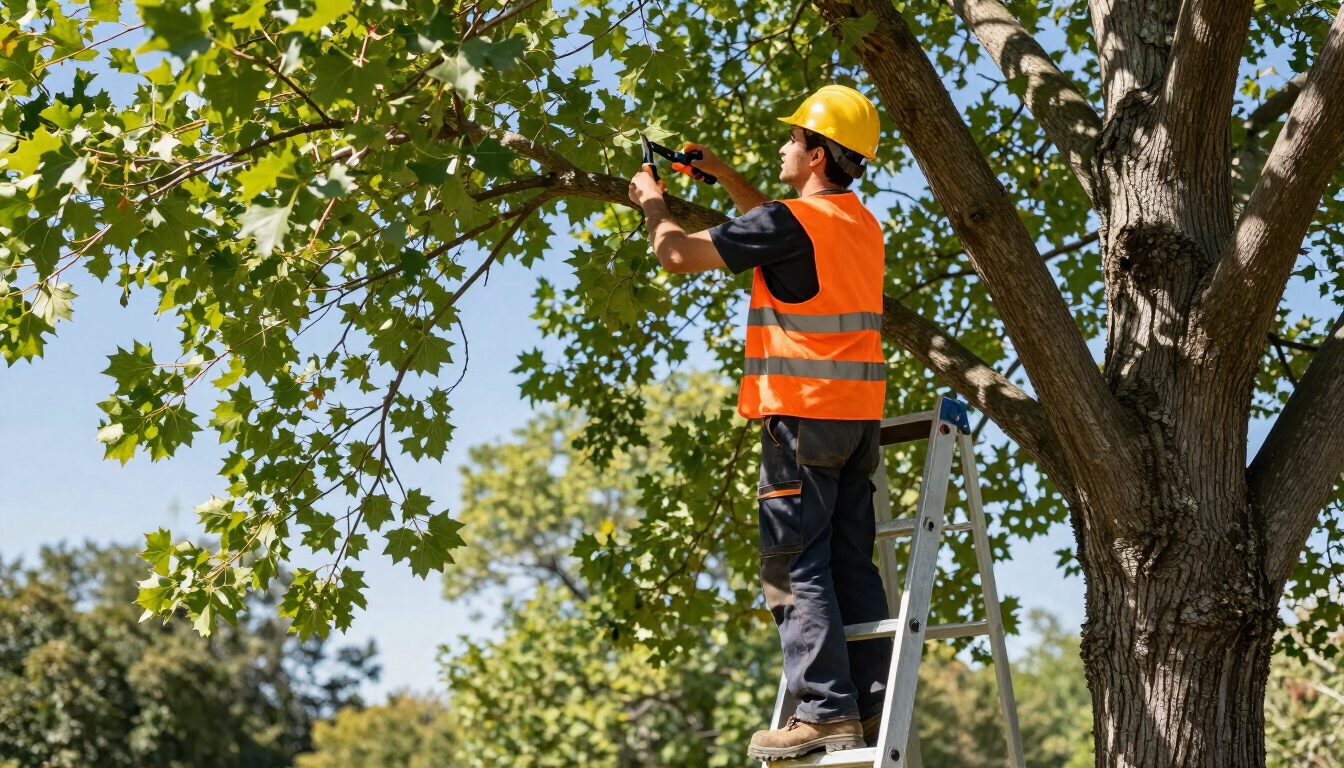 Worker trims leaf branches with pole saw during Tree Service in Riverton, UT to improve canopy shape and yard clearance.
