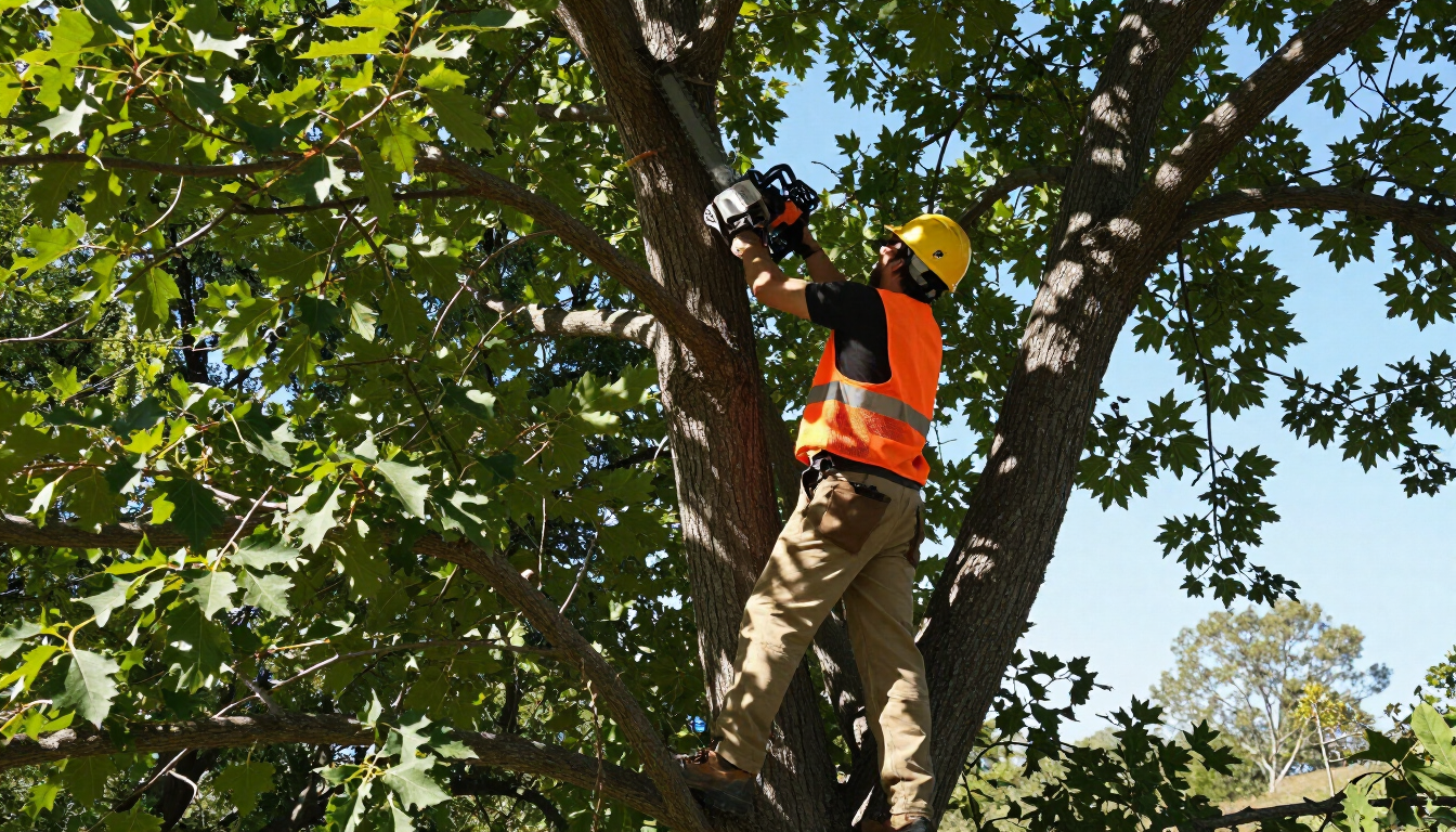 Worker trims branches high in a mature tree during Tree Service in Riverton, UT for safer clearance and balanced growth.
