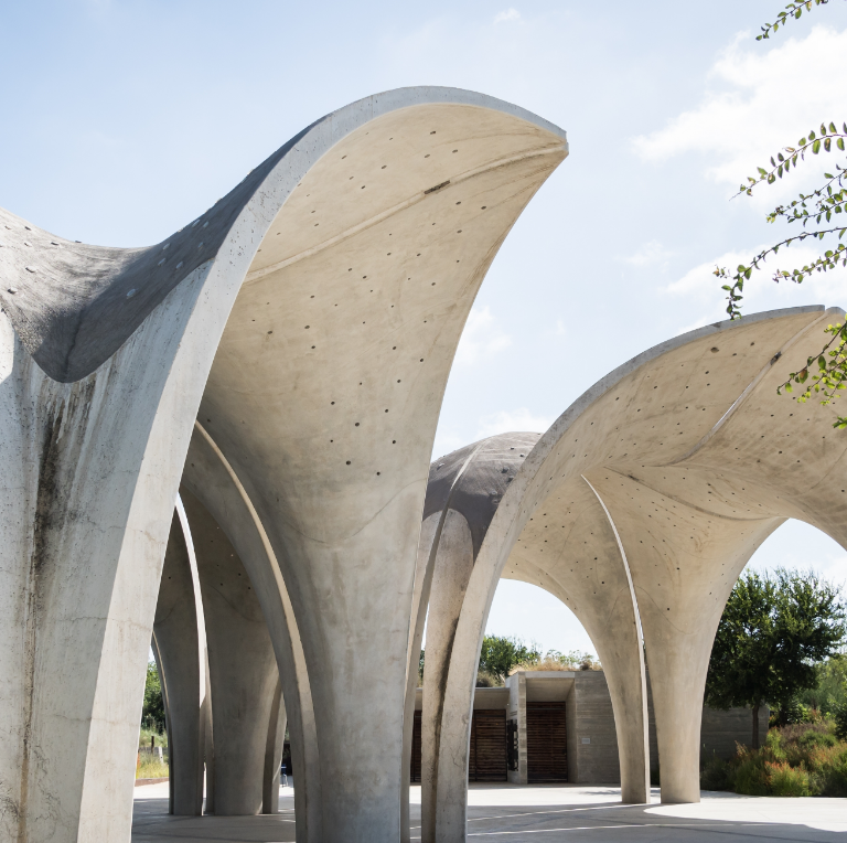 Sculptural concrete arches in a bright outdoor plaza with trees and blue sky.