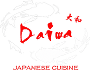 Daiwa Japanese Cuisine logo in red with faint dragon outline and Japanese characters