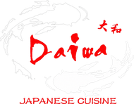 Daiwa Japanese Cuisine logo in red with faint dragon outline and Japanese characters
