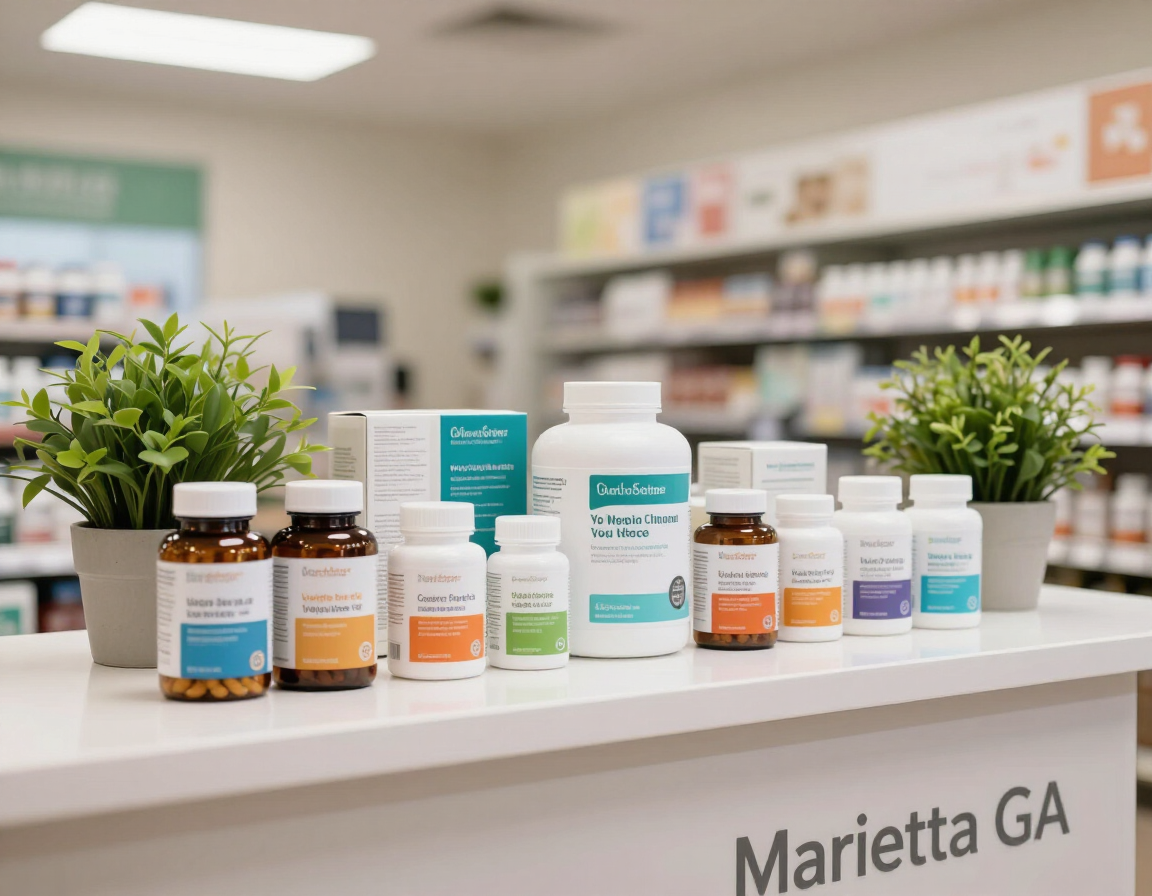 Vitamin supplements and wellness nutrition products arranged on a clean counter.