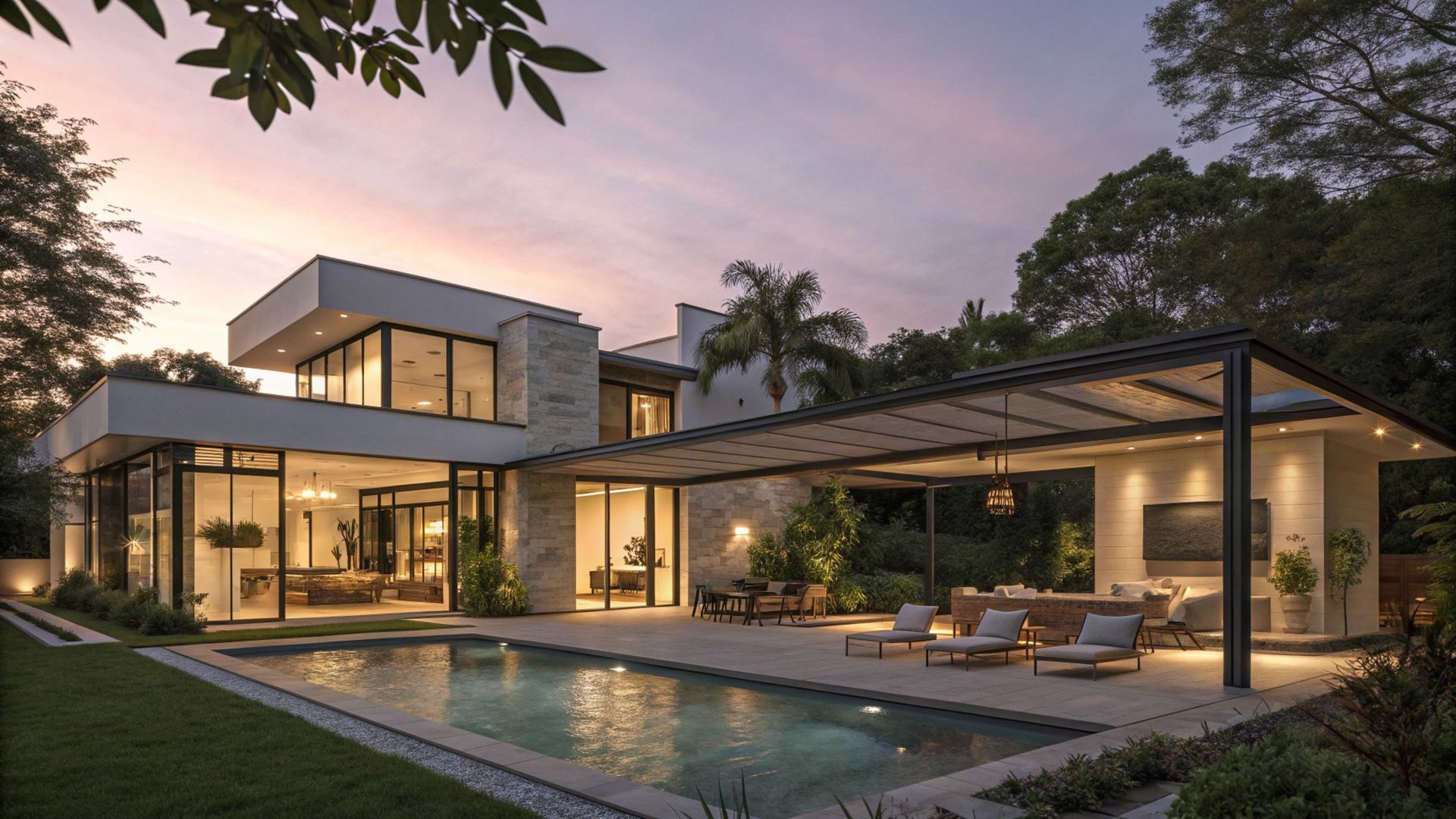 Modern luxury house with glass walls, pool, and patio seating at sunset