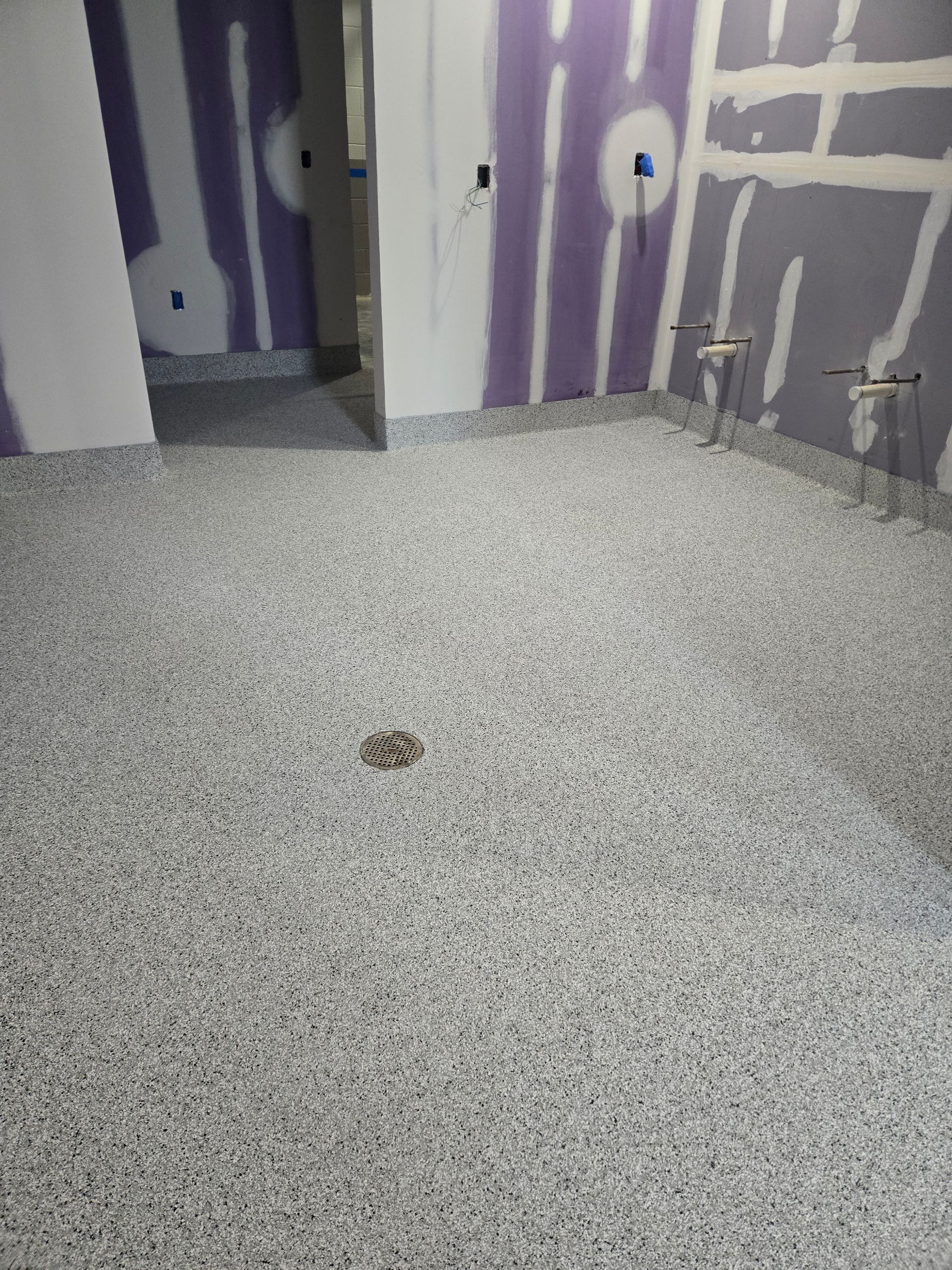 Room with gray speckled flooring, unfinished purple-painted drywall, and plumbing fixtures.