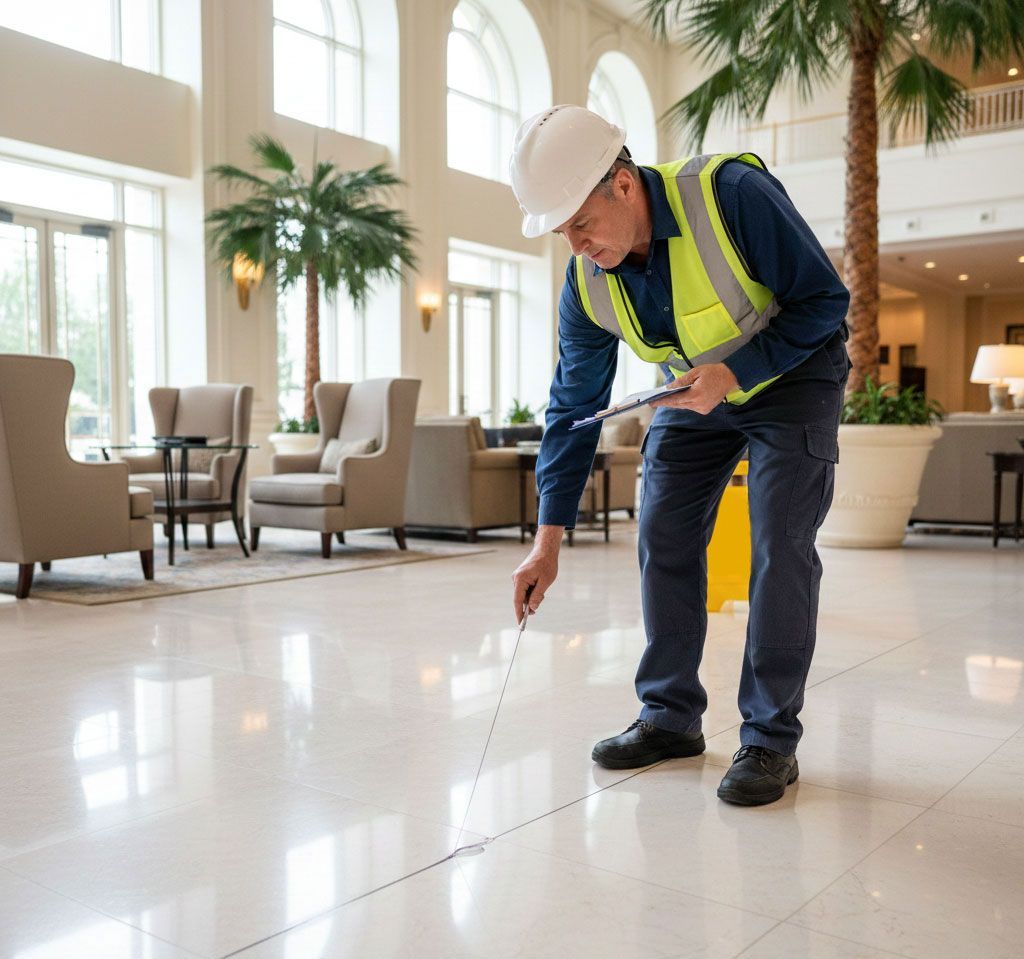 A person in a hard hat and high-visibility vest uses a testing device to inspect the floor of a large hotel lobby.