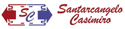 Logo per Santarcangelo Casimiro con emblema stilizzato rosso e blu e testo in corsivo.