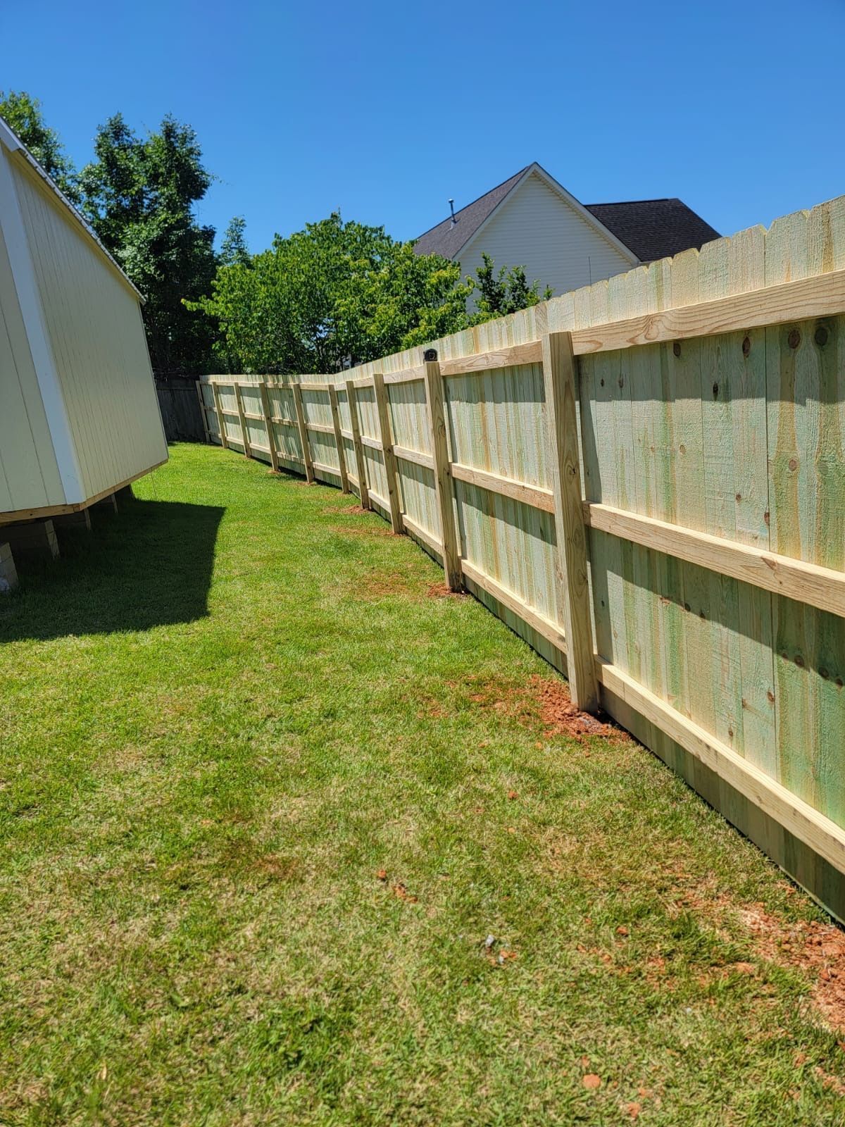 Sunlit backyard with a newly built wooden fence and green grass beside a house