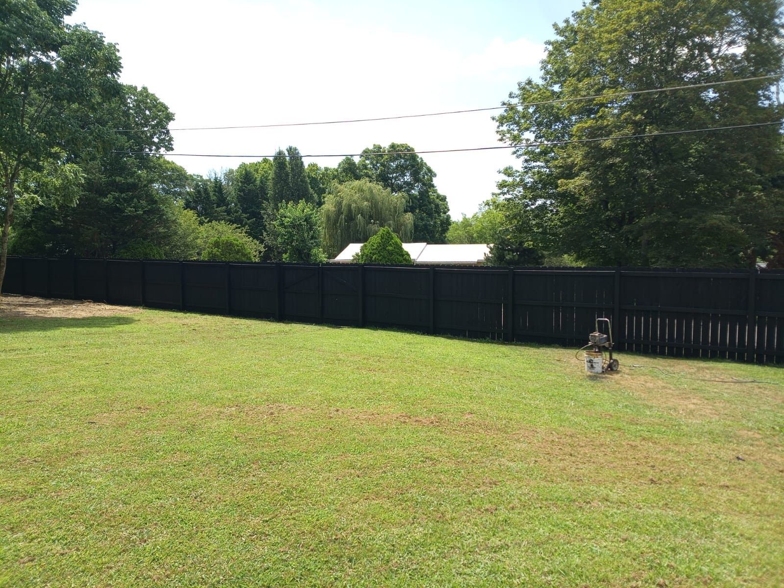 Grassy backyard with a black fence, trees, and a small chair near the right side.