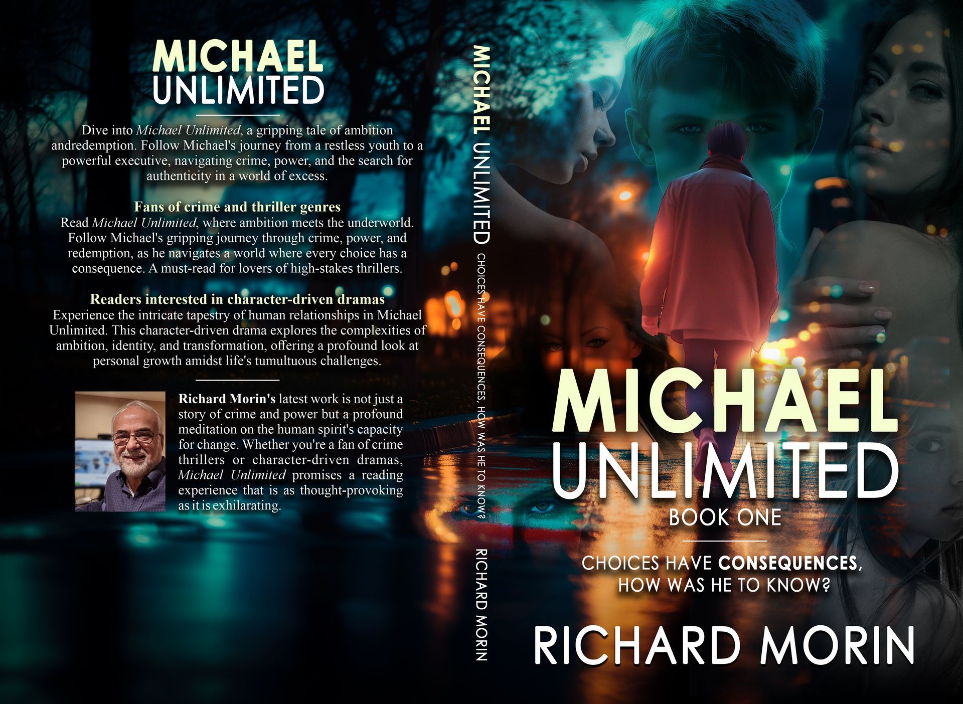 Book cover: Man in red coat, two figures, street lights, title 