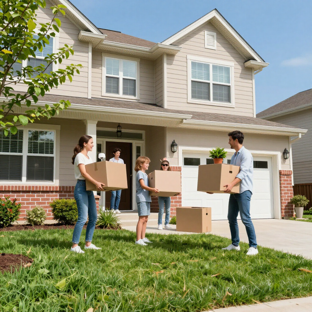 A family carries cardboard moving boxes in front of a suburban home on a sunny day.