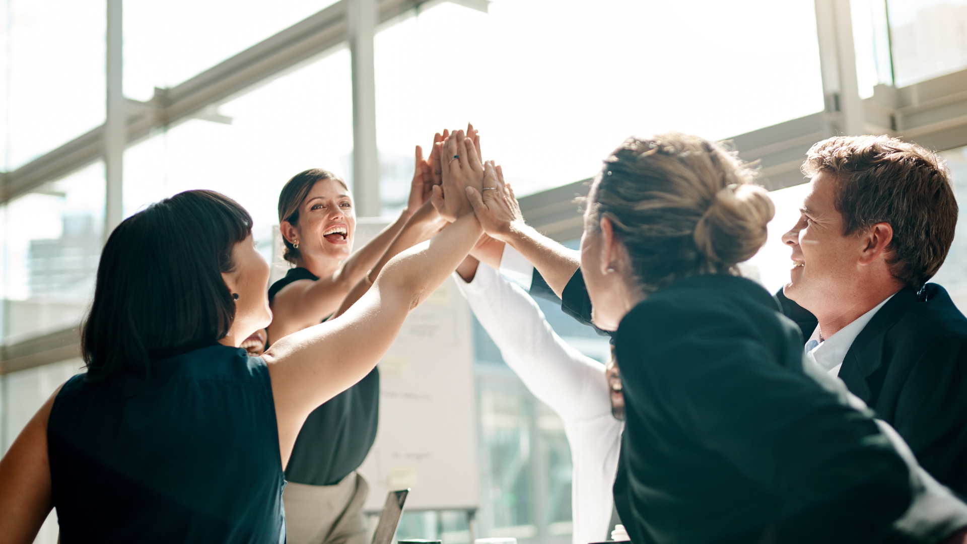 A group of business people are giving each other a high five.