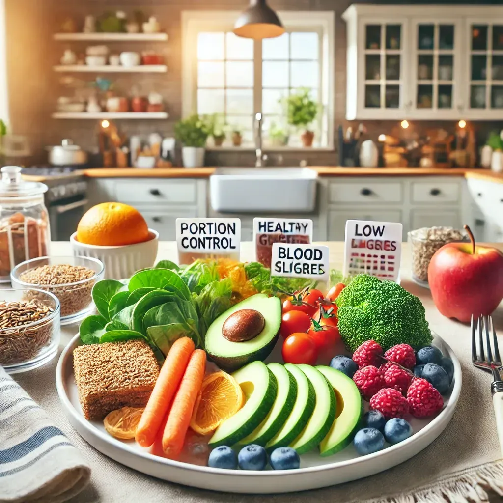 A plate of fruits and vegetables on a table in a kitchen.