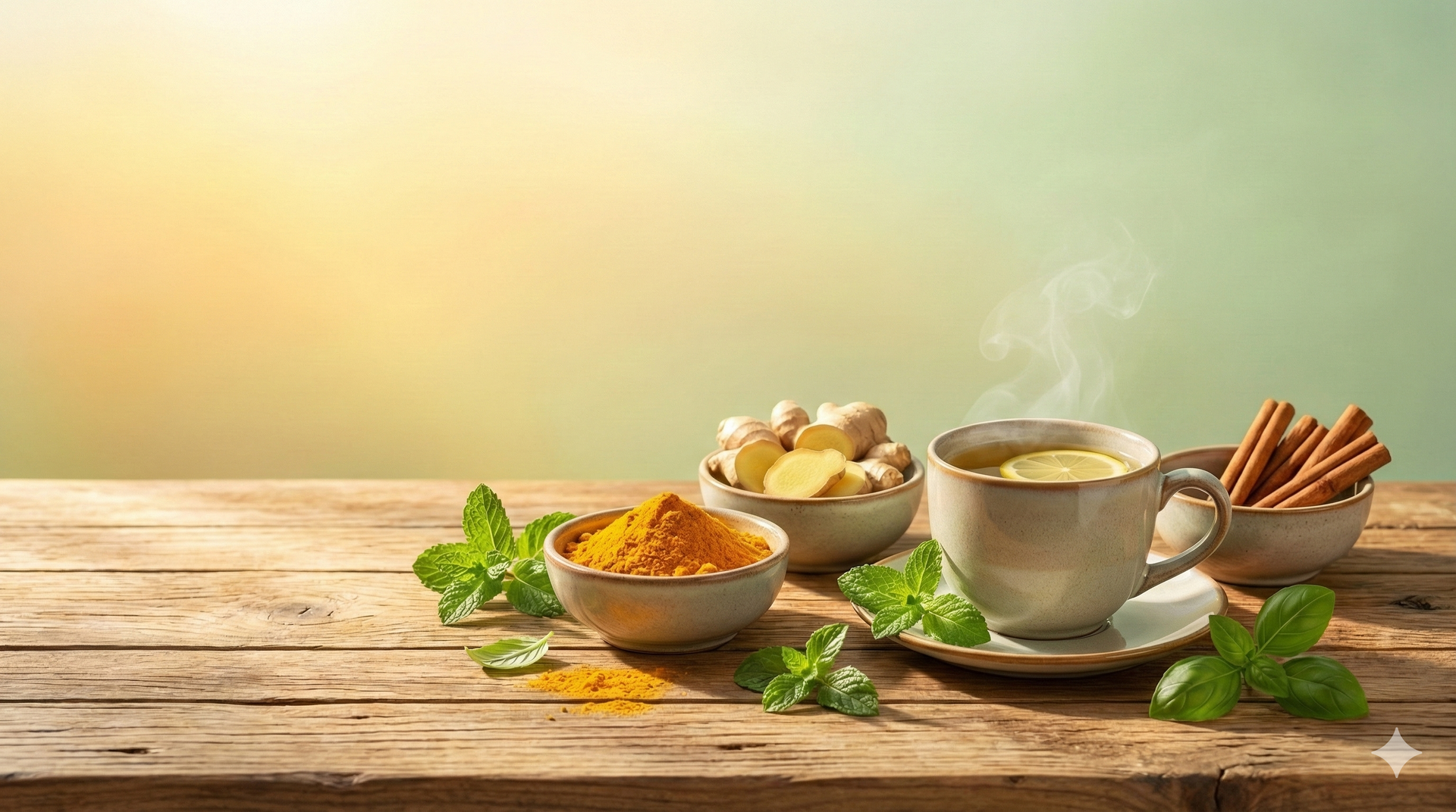 Wooden table with steaming tea, ingredients (turmeric, ginger, cinnamon, mint), lit with sunlight.